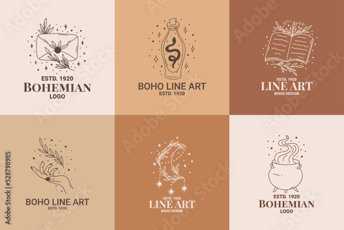 Boho mystic doodle esoteric logo set. Magic line art icon with hand, leaf, poison, book, moon