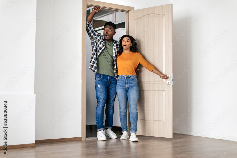 Shocked African American Couple Standing In Opened Doors