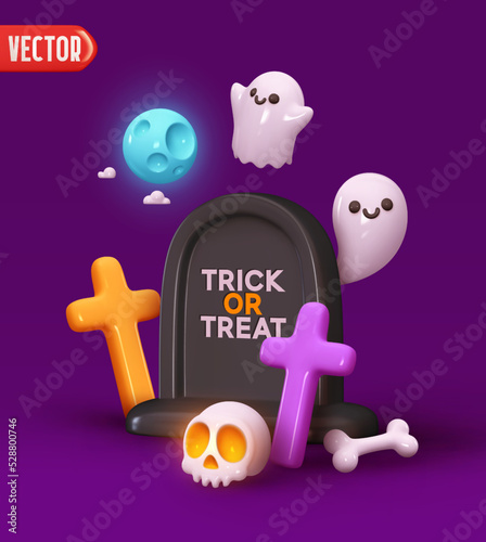Happy Halloween Festive bright design. Halloween white ghost cute smile face, tombstones with cross and skull bones realistic 3d cartoon style. Holiday Hallows' Eve or Saints' Eve. vector illustration