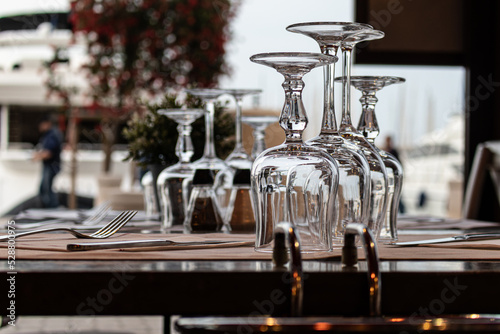 Glasses on the table with the cutlery. Restaurant.