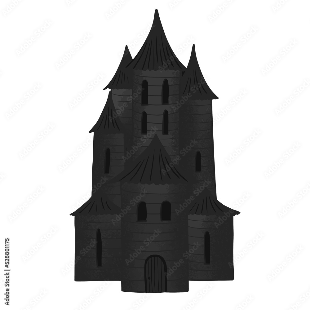 Dark black castle. House of ghosts for Halloween isolated on white background