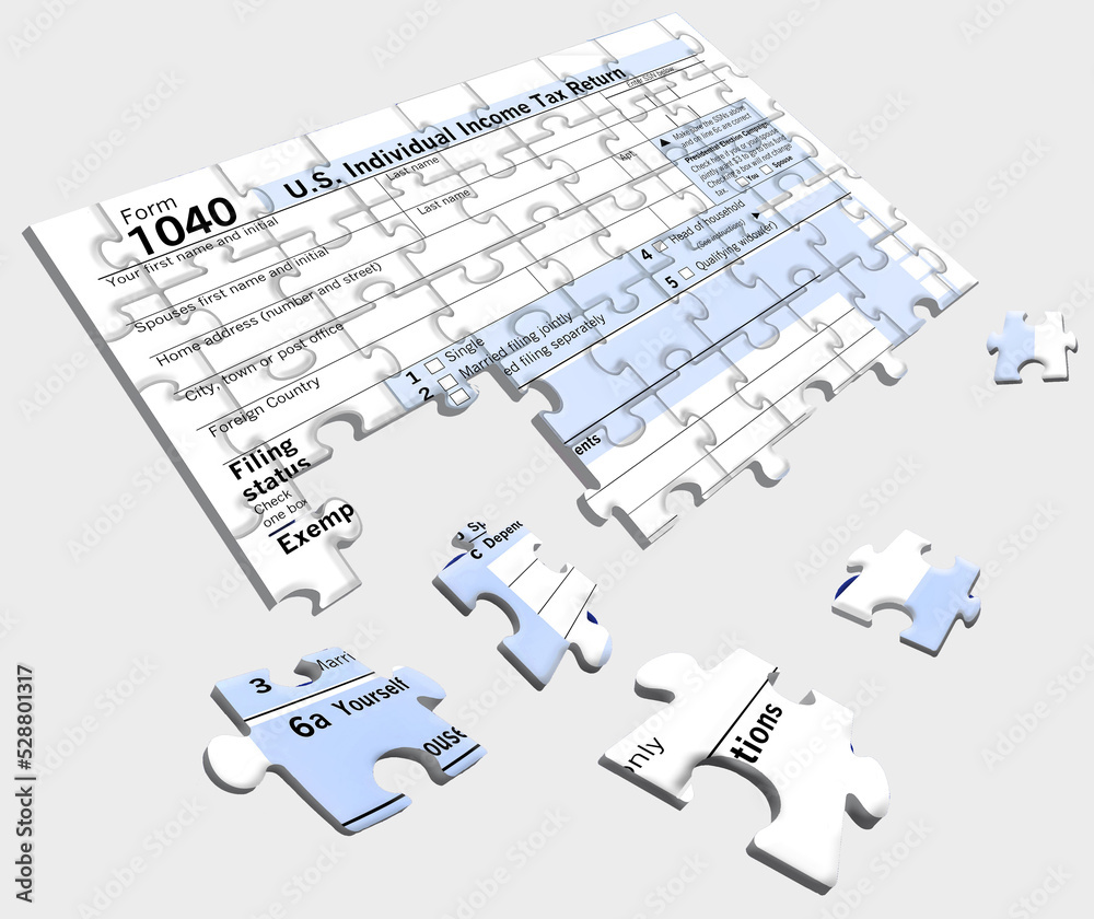 A U.S. Federal 1040 income tax form is seen as a jigsaw puzzle with pieces out of place in this image.