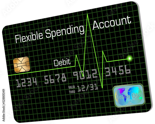 Here is a generic flexible spending account debit card. This is a medical insurance FSA card seen in a 3-d illustration. photo