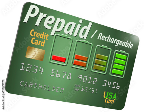 Here is a rechargeable, refillable prepaid credit card. This is a 3-d illustration. This is a secured credit card. photo