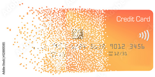 A generic credit card disolves into pixels to represent  near field communication for transactions. This is a 3-d illustration photo