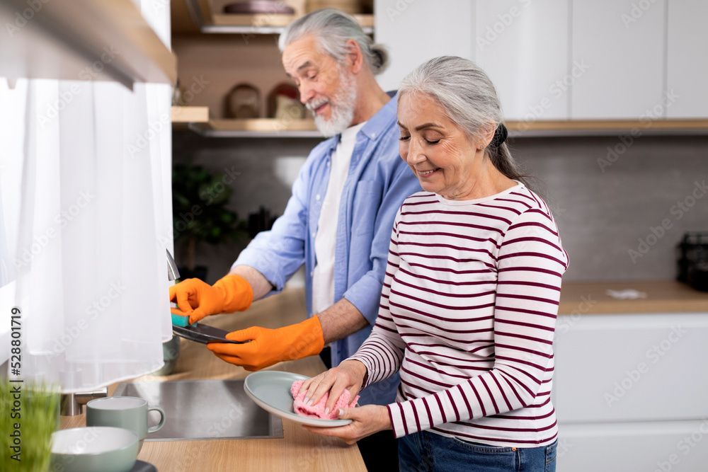 Portrait Of Smiling Senior Spouses Washing Dishes Together In Kitchen Portrait Of Smiling Senior Spouses Washing Dishes Together In Kitchen