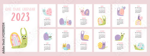 Yearly calendar 2023 template with cute decorative snails on white background. Vertical set of 12 pages and cover in English. Vector. Week from Monday. Stationery, desk and wall flip calendar.