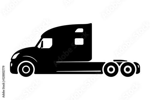 Big bonnet truck tractor with sleeper icon. Black silhouette. Side view. Vector simple flat graphic illustration. Isolated object on a white background. Isolate.
