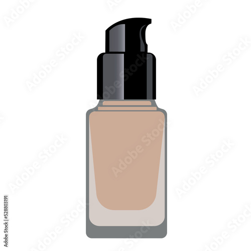 Liquid foundation in pumping glass bottle with beige colour warm tone.