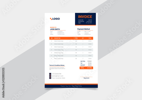 Business invoice form template. Invoicing quotes, money bills or price invoices and payment agreement design templates
