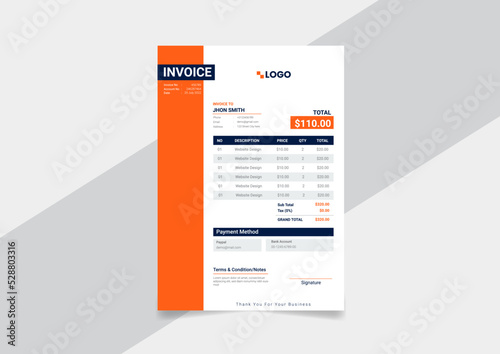 Business invoice form template. Invoicing quotes, money bills or price invoices and payment agreement design templates