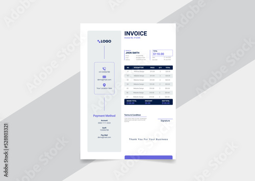 Business invoice form template. Invoicing quotes, money bills or price invoices and payment agreement design templates