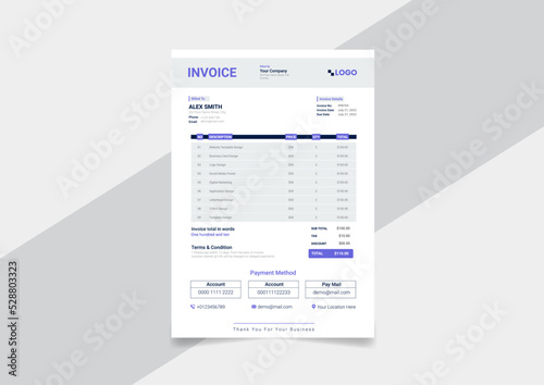 Business invoice form template. Invoicing quotes, money bills or price invoices and payment agreement design templates