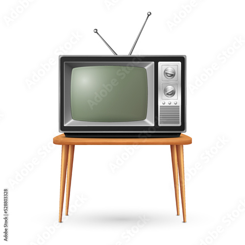 Vector 3d Realistic Retro TV Receiver on a Wooden Table Stand Closeup Isolated on White. Vintage TV Set. Television, Front View