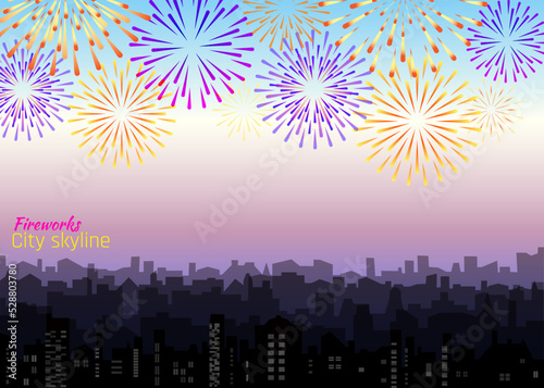 Celebrated festive firecracker over town. City silhouette with fireworks. Vector skyscrapers landscape with bright holiday salute