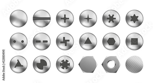 Realistic vector set of bolts, nuts and nails heads. Top view of an isolated metal screw.