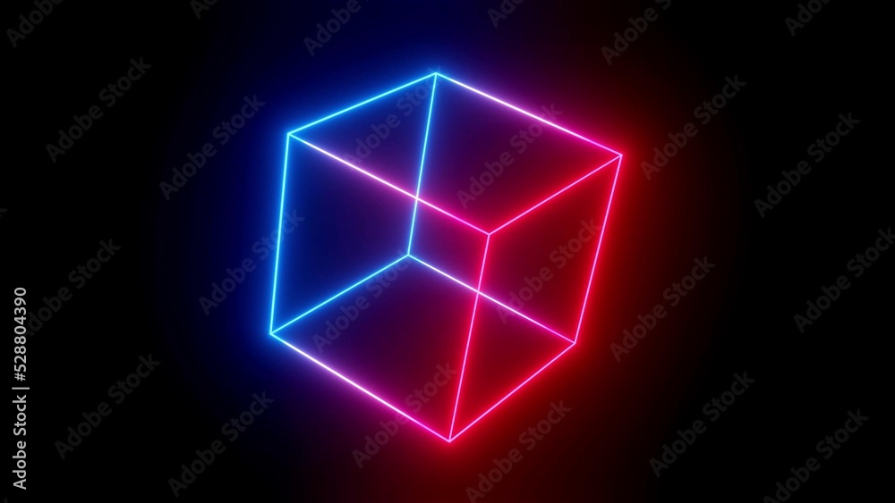 3d render. Background with neon glow, light gradient blue red magenta. 3d luminous frame figure in the dark. Cube