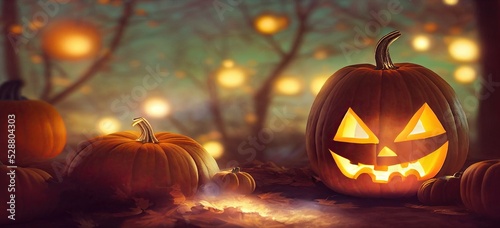 Happy Halloween background  scary pumpkin in forest night bokeh backdrop.