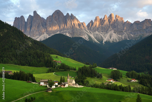 Valley in Dolomite Alps at sunset in Italy