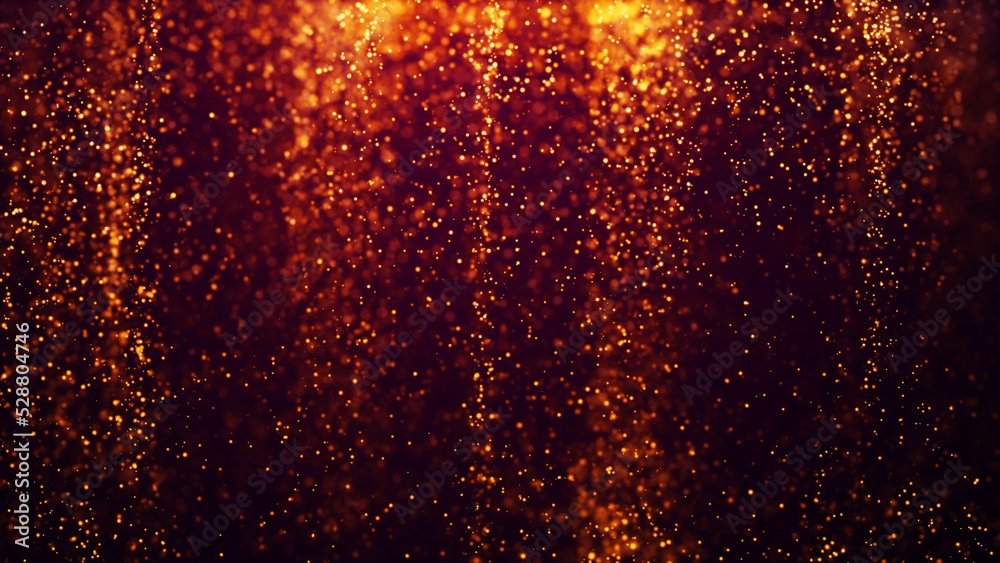 Golden red glow particles flicker and float in viscous liquid with amazing bokeh. Fantastic background. Gold magical sparkles of light form abstract structures. 3d render