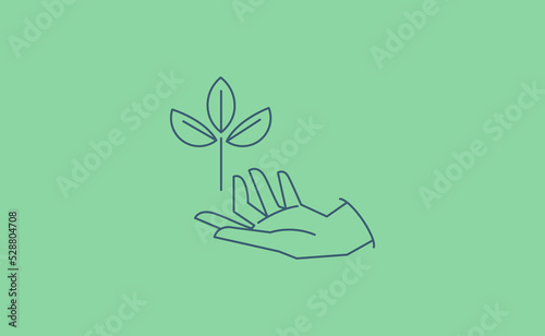 Sustainable ecologic environment concept. Hand holding plant. Linear vector illustration.