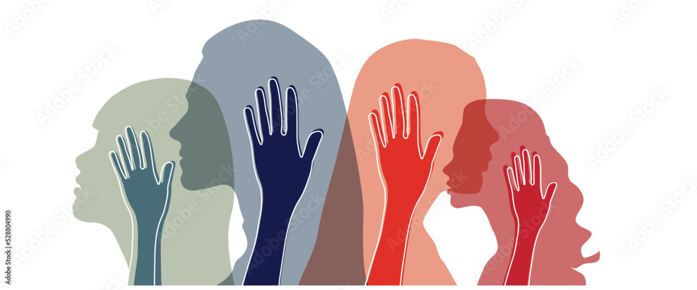 Banner background of human profile silhouette. Colorful up hands. Vector illustration