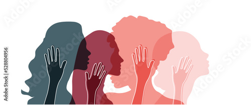 Banner background of human profile silhouette. Colorful up hands. Vector illustration