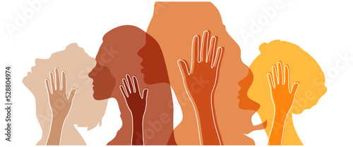 Banner background of human profile silhouette. Colorful up hands. Vector illustration
