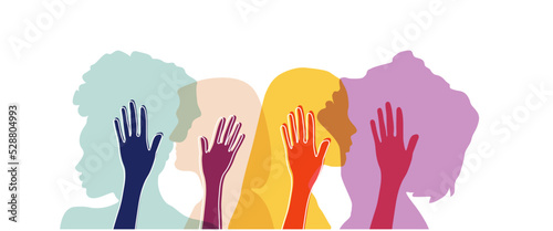 Banner background of human profile silhouette. Colorful up hands. Vector illustration