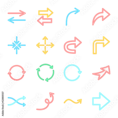 Arrow Signs Neon Icons Isolated. Vector Illustration of Glowing Bright Led Lamp over White Symbols.