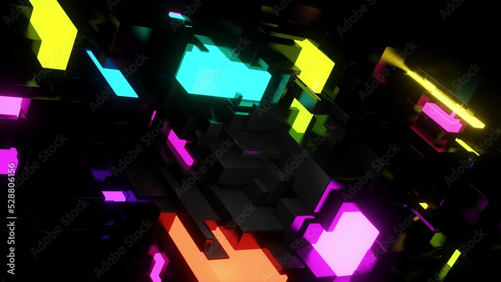 3d render. Abstract dark background neon cubes light bulbs ...