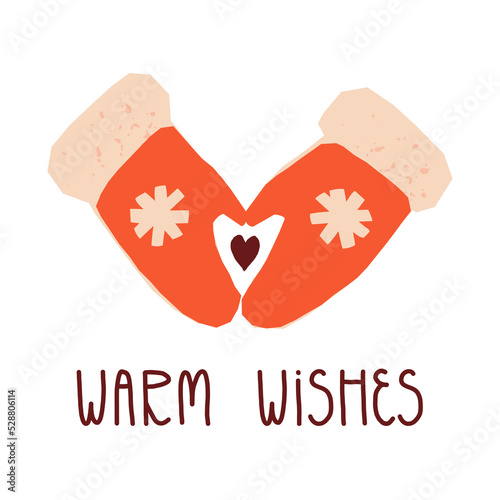 Retro winter seasonal greeting card, banner. Warm wishes lettering, pair of knitted mittens and a heart in the middle.