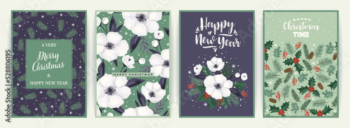 Christmas and Happy New Year cards with Christmas tree and white flowers. Vector design.