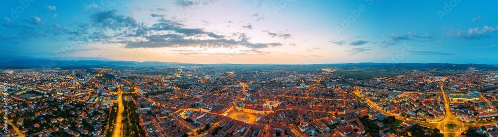 Aerial drone panoramic view of Sibiu centre at sunset, Romania