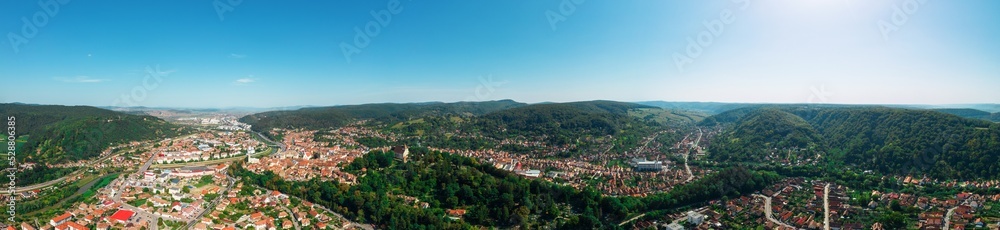 Aerial drone panoramic view of the Historic Centre of Sighisoara, Romania