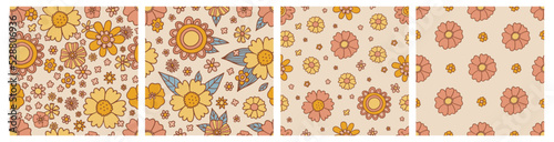 Retro floral groovy vector seamless patterns surface design, textile, stationery, wrapping paper, covers. 60s, 70s, 80s style. Set of abstract squares with vintage backgrounds