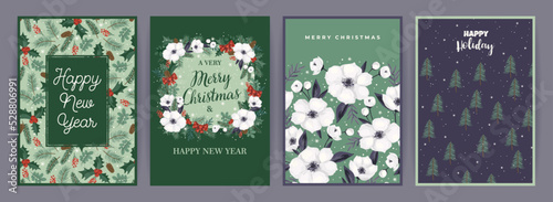Christmas and Happy New Year cards with Christmas tree and white flowers. Vector design.