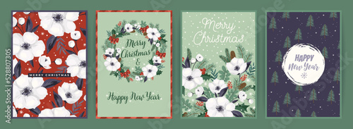Christmas and Happy New Year cards with Christmas tree and white flowers. Vector design.