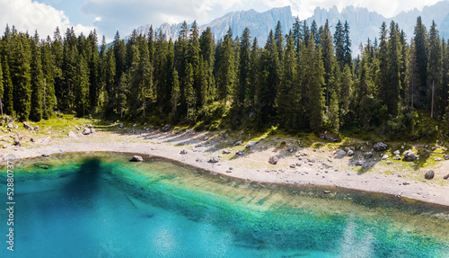 Lake of Carezza in the Dolomite Alps in Italy