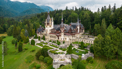 Aerial drone view of The Peles Castle in Romania photo