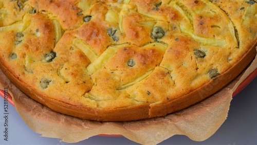 Homemade pie with olive. Fresh food. Home bakery