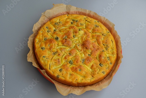Homemade bakery. Hot pie with olive. Fresh food
