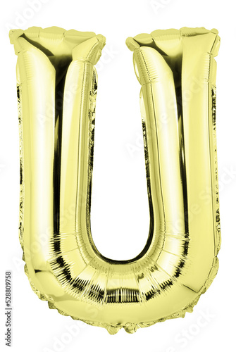 Letter U in gold mylar balloon isolated on transparent