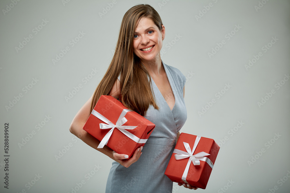 Happy woman with gifts. Isolated portrait of business woman with present. Happy woman with gifts. Isolated portrait of business woman with present.