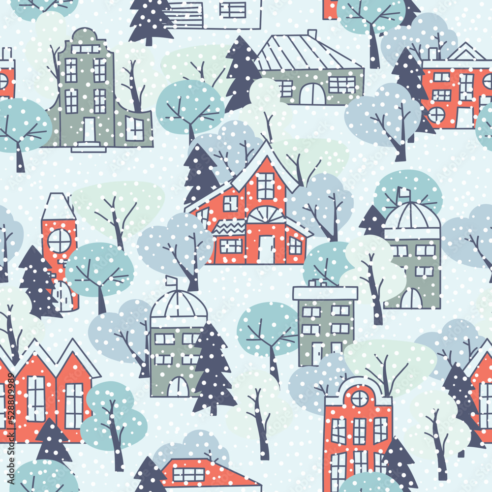 Seamless snow pattern with simple houses and trees. Winter time background