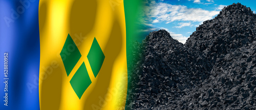 Saint Vincent and the Grenadines - country flag and pile of coal - 3D illustration photo