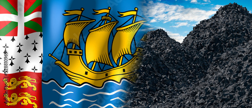 Saint Pierre and Miquelon - country flag and pile of coal - 3D illustration photo