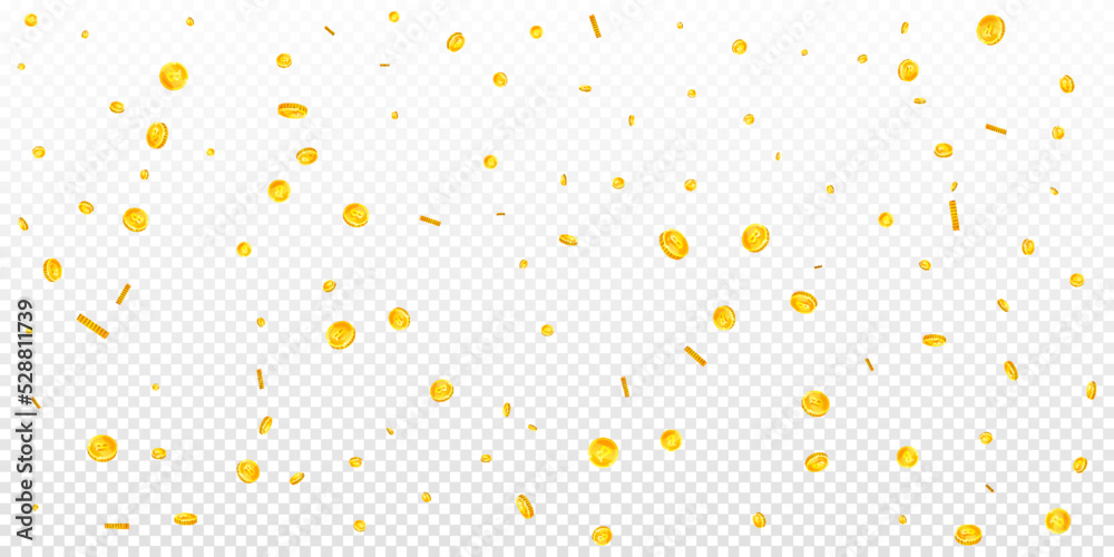 Bitcoin coins falling. Cryptocurrency scattered Bitcoin coins falling. Cryptocurrency scattered