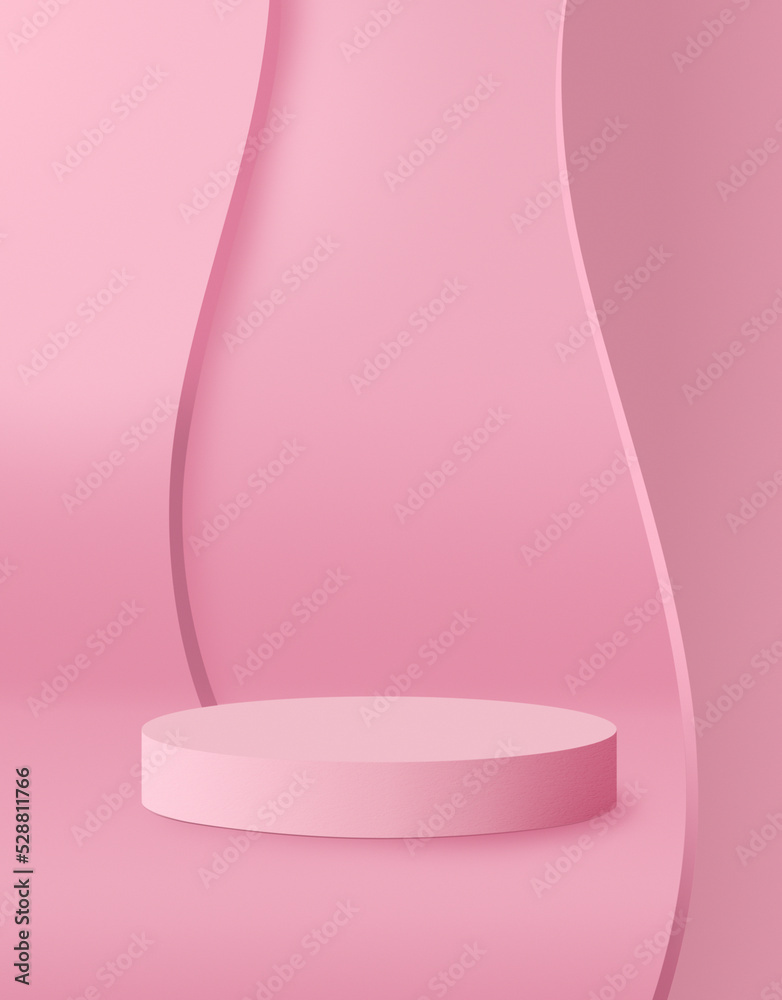 Realistic pink 3D cylinder pedestal podium with circles texture on the wall background. Vector abstract with geometric forms. Luxury minimal scene for mockup products showcase 