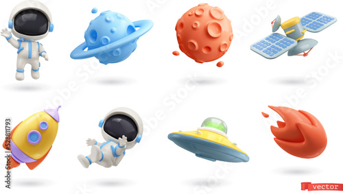 Space 3d vector icon set. Astronaut, planet, satellite, rocket, flying saucer, comet cartoon objects